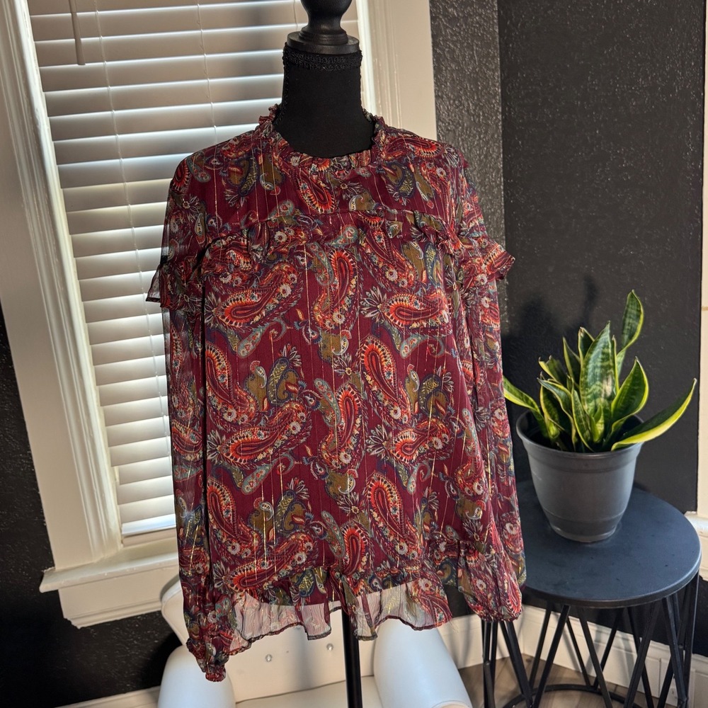 Moon Orchid Burgundy Paisley Gold Metallic Ruffle Blouse XL Boho Long Sleeve Top